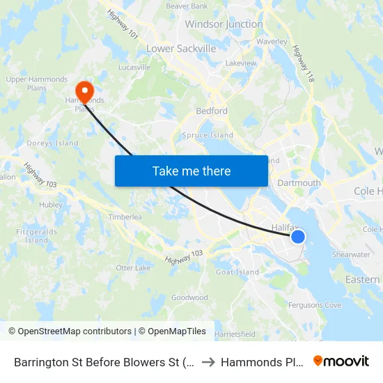Barrington St Before Blowers St (6102) to Hammonds Plains map
