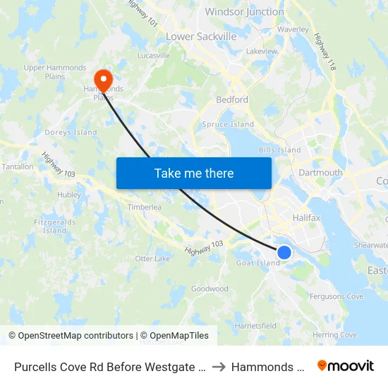 Purcells Cove Rd Before Westgate Dr (8116) to Hammonds Plains map