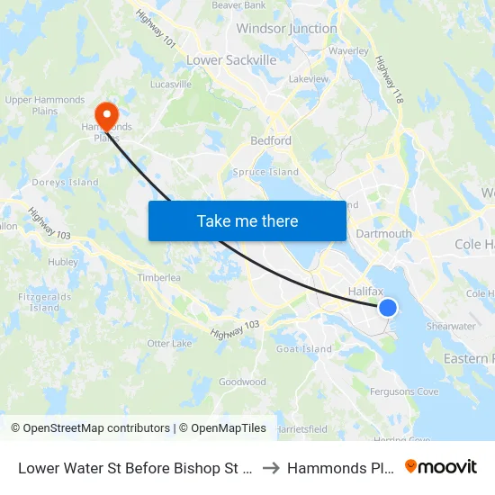 Lower Water St Before Bishop St (8819) to Hammonds Plains map