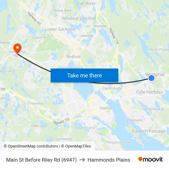 Main St Before Riley Rd (6947) to Hammonds Plains map