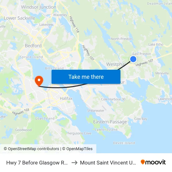 Hwy 7 Before Glasgow Rd (2341) to Mount Saint Vincent University map