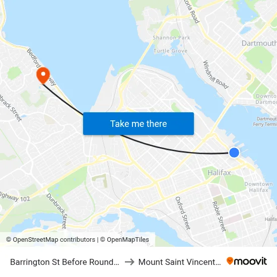 Barrington St Before Roundabout (2345) to Mount Saint Vincent University map