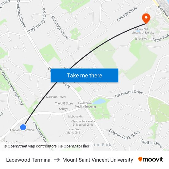 Lacewood Terminal to Mount Saint Vincent University map