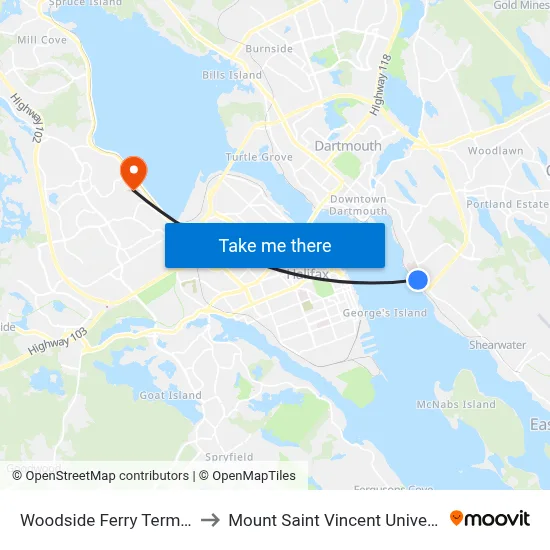 Woodside Ferry Terminal to Mount Saint Vincent University map