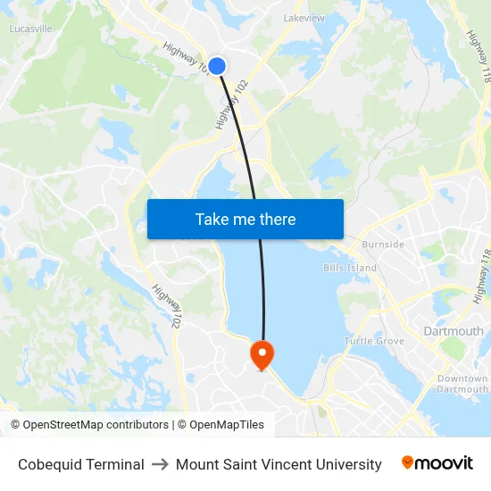 Cobequid Terminal to Mount Saint Vincent University map
