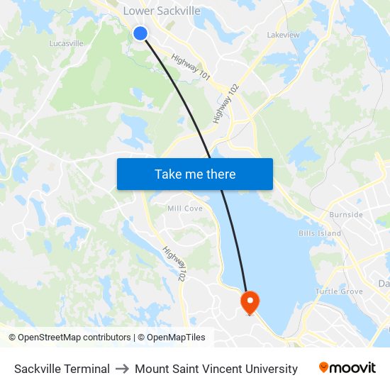 Sackville Terminal to Mount Saint Vincent University map