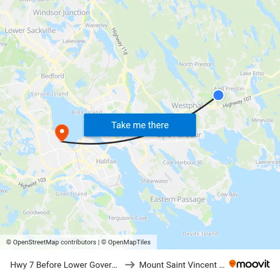Hwy 7 Before Lower Governor St (8768) to Mount Saint Vincent University map