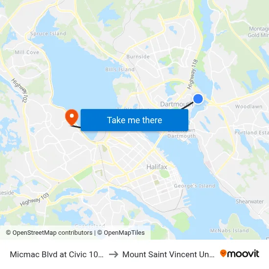 Micmac Blvd at Civic 10 (7210) to Mount Saint Vincent University map