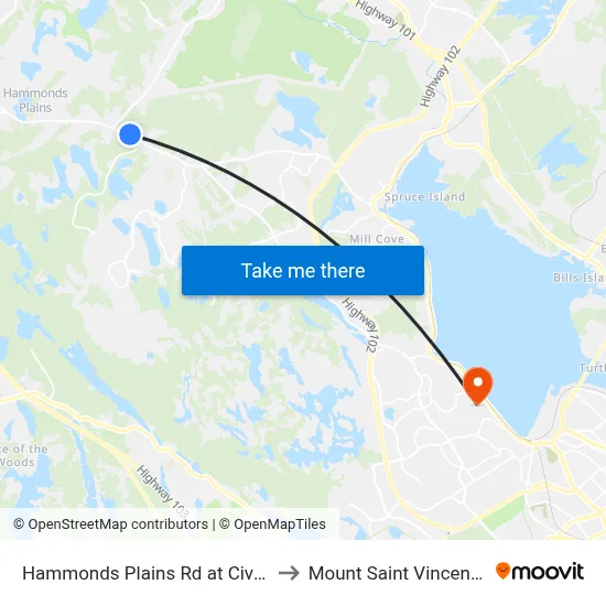 Hammonds Plains Rd at Civic 1541 (6819) to Mount Saint Vincent University map