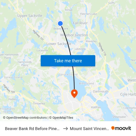 Beaver Bank Rd Before Pinehaven Dr (8716) to Mount Saint Vincent University map