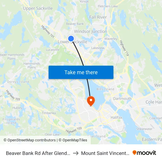 Beaver Bank Rd After Glendale Dr (8709) to Mount Saint Vincent University map