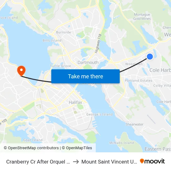 Cranberry Cr After Orquel Cr (6519) to Mount Saint Vincent University map