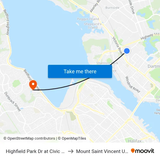 Highfield Park Dr at Civic 68 (6926) to Mount Saint Vincent University map