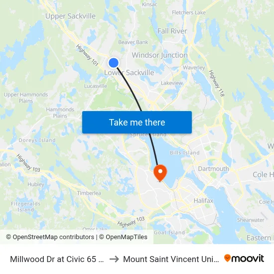 Millwood Dr at Civic 65 (7225) to Mount Saint Vincent University map