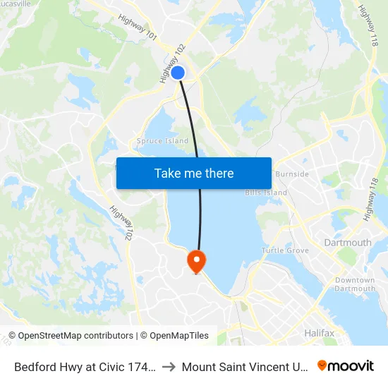 Bedford Hwy at Civic 1743 (6243) to Mount Saint Vincent University map