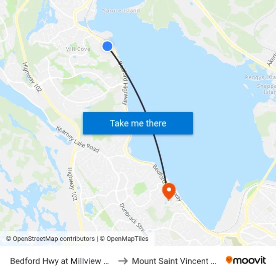 Bedford Hwy at Millview Ave (6258) to Mount Saint Vincent University map