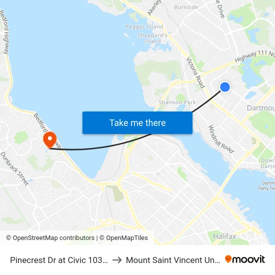 Pinecrest Dr at Civic 103 (7452) to Mount Saint Vincent University map