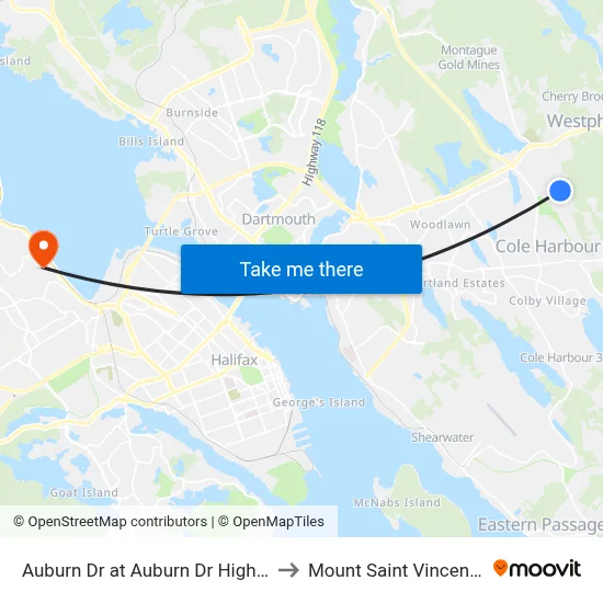 Auburn Dr at Auburn Dr High School (6073) to Mount Saint Vincent University map