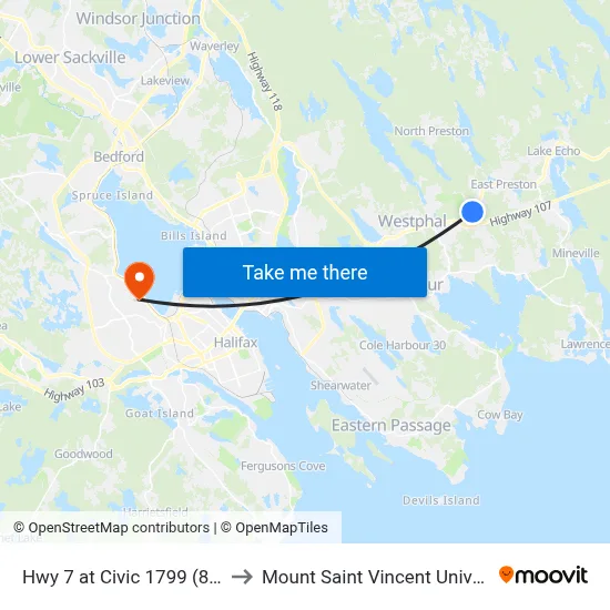 Hwy 7 at Civic 1799 (8931) to Mount Saint Vincent University map