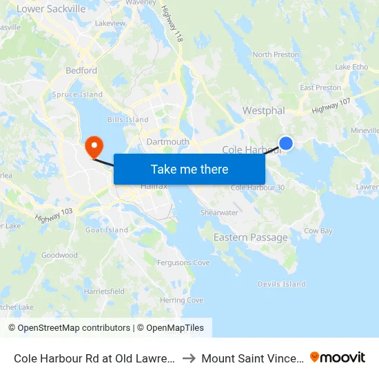 Cole Harbour Rd at Old Lawrencetown Rd (8938) to Mount Saint Vincent University map