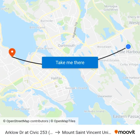 Arklow Dr at Civic 253 (6041) to Mount Saint Vincent University map