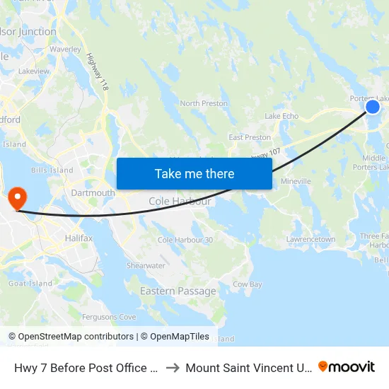 Hwy 7 Before Post Office Rd (8786) to Mount Saint Vincent University map