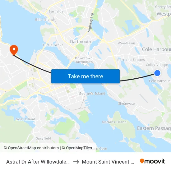 Astral Dr After Willowdale Dr (6056) to Mount Saint Vincent University map