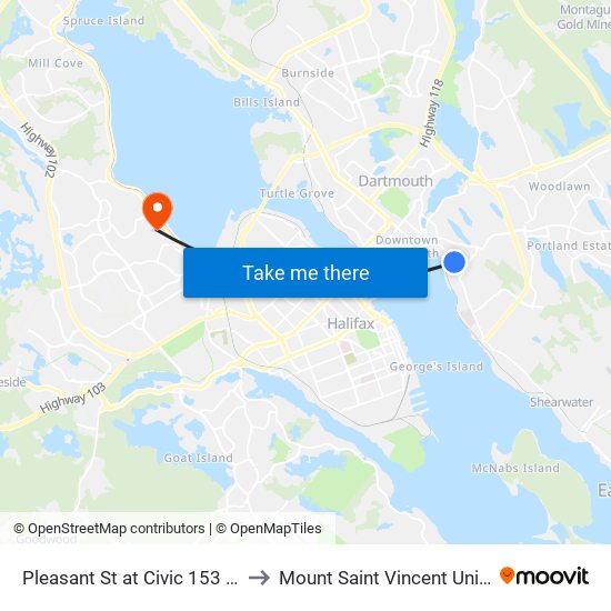 Pleasant St at Civic 153 (8008) to Mount Saint Vincent University map