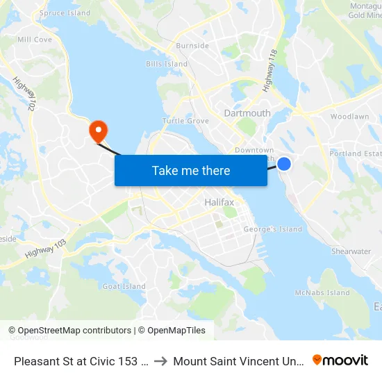 Pleasant St at Civic 153 (8008) to Mount Saint Vincent University map