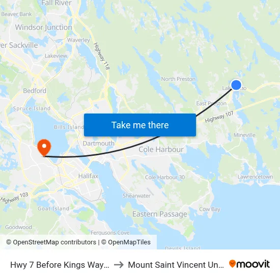 Hwy 7 Before Kings Way (8779) to Mount Saint Vincent University map