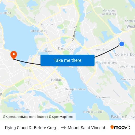 Flying Cloud Dr Before Gregory Dr (2324) to Mount Saint Vincent University map