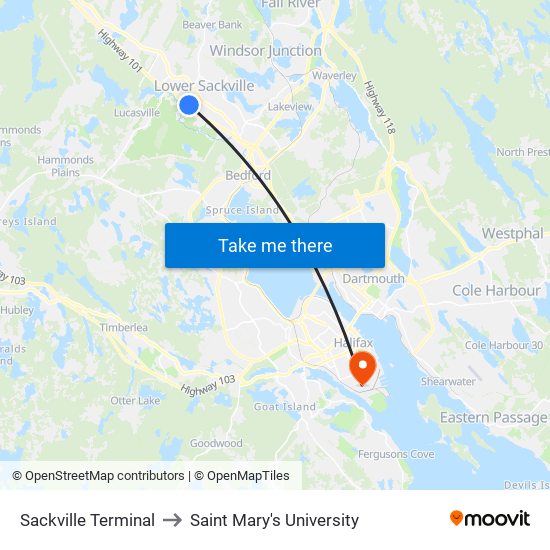 Sackville Terminal to Saint Mary's University map