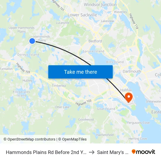 Hammonds Plains Rd Before 2nd Yankeetown Rd (6801) to Saint Mary's University map