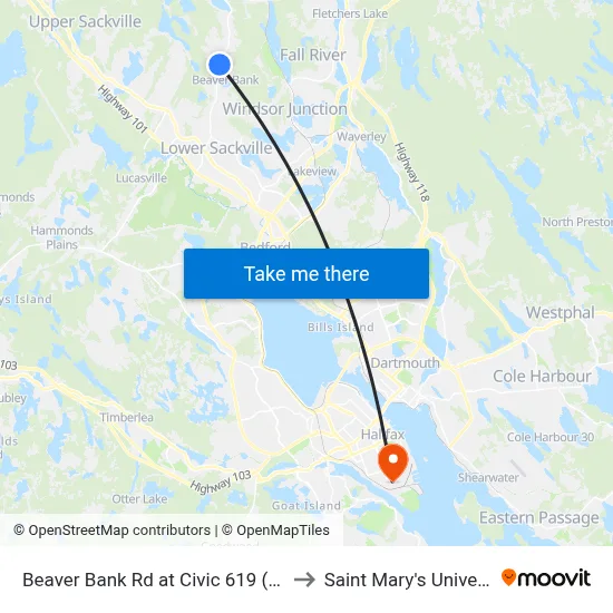 Beaver Bank Rd at Civic 619 (8715) to Saint Mary's University map