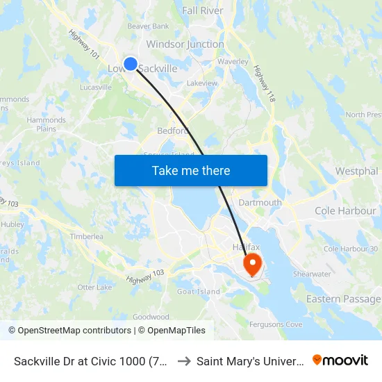 Sackville Dr at Civic 1000 (7332) to Saint Mary's University map