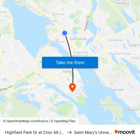 Highfield Park Dr at Civic 68 (6926) to Saint Mary's University map