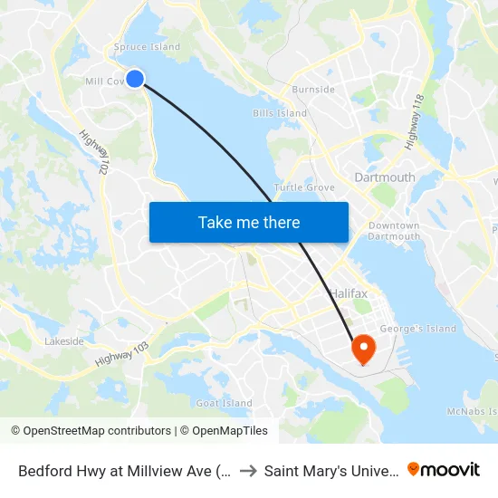 Bedford Hwy at Millview Ave (6258) to Saint Mary's University map