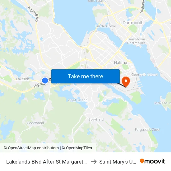 Lakelands Blvd After St Margarets Bay Rd (7119) to Saint Mary's University map
