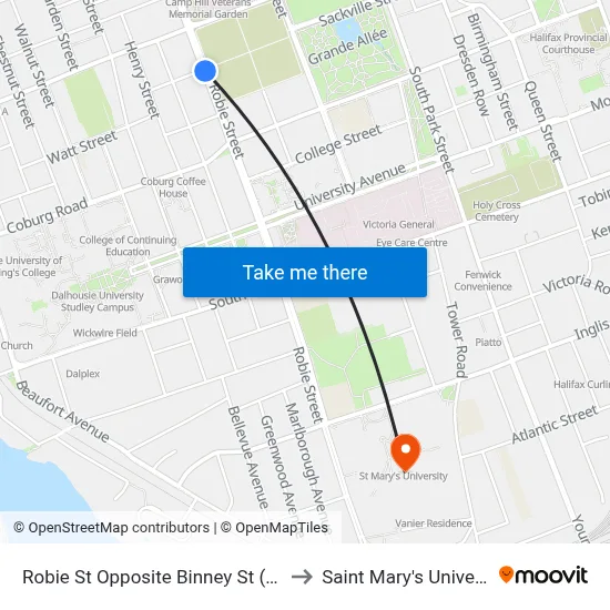 Robie St Opposite Binney St (8219) to Saint Mary's University map