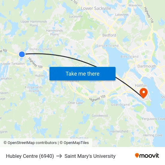 Hubley Centre (6940) to Saint Mary's University map