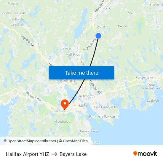 Halifax Airport YHZ to Bayers Lake map