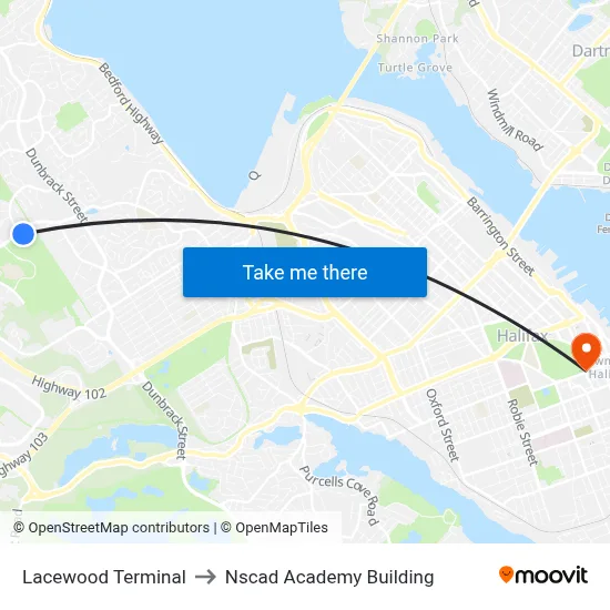 Lacewood Terminal to Nscad Academy Building map