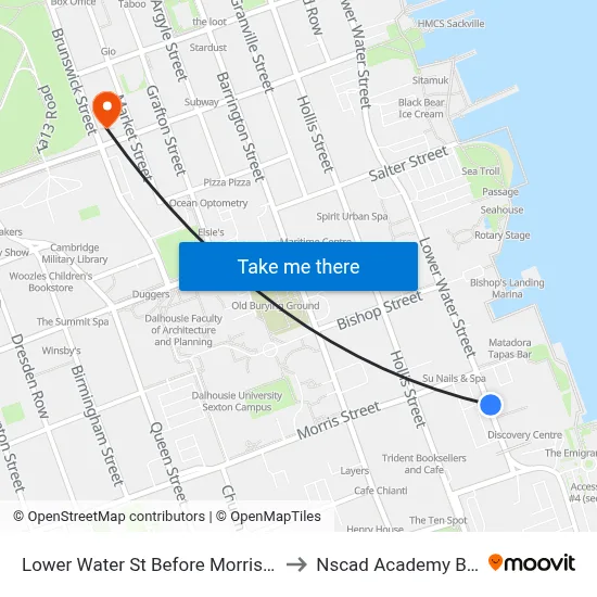 Lower Water St Before Morris St (8866) to Nscad Academy Building map