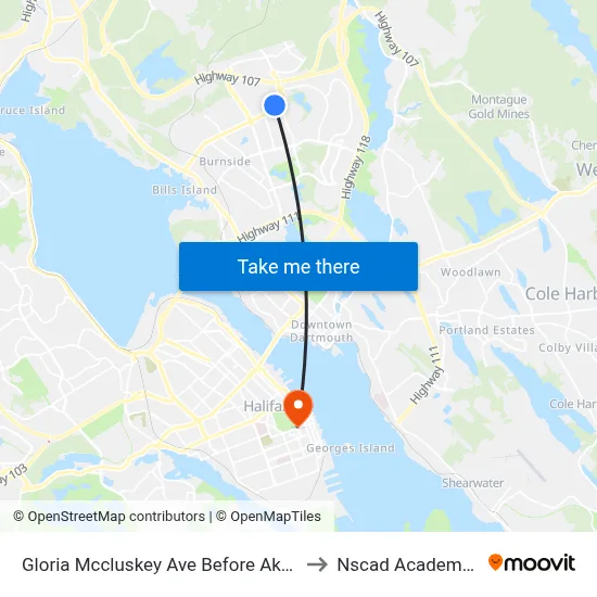 Gloria Mccluskey Ave Before Akerley Blvd (2110) to Nscad Academy Building map