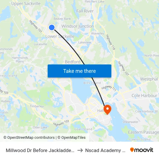 Millwood Dr Before Jackladder Dr (2111) to Nscad Academy Building map