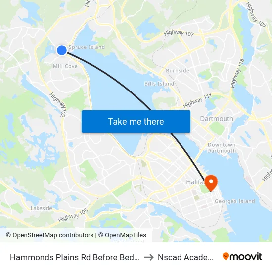 Hammonds Plains Rd Before Bedford Highway (2197) to Nscad Academy Building map