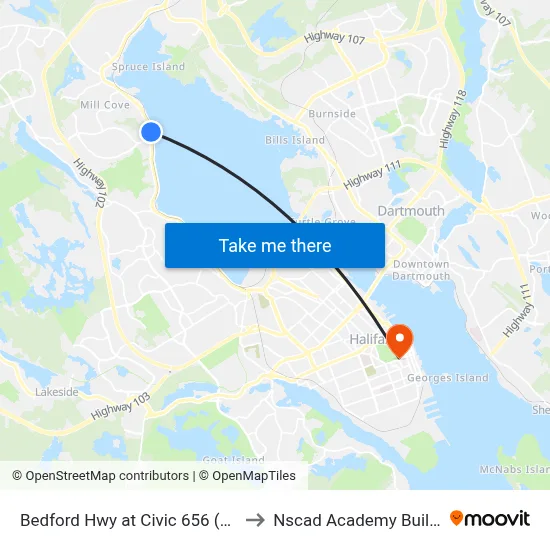 Bedford Hwy at Civic 656 (2202) to Nscad Academy Building map