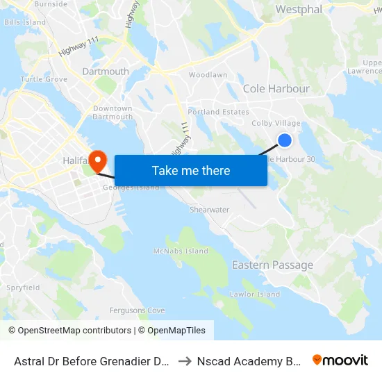 Astral Dr Before Grenadier Dr (2205) to Nscad Academy Building map