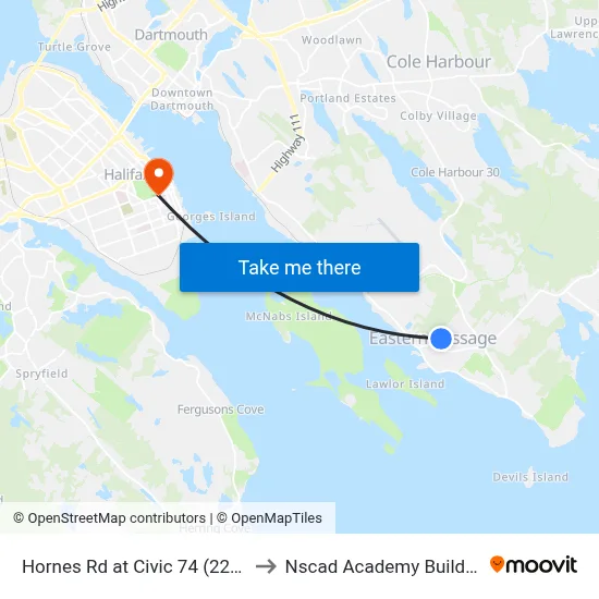 Hornes Rd at Civic 74 (2223) to Nscad Academy Building map