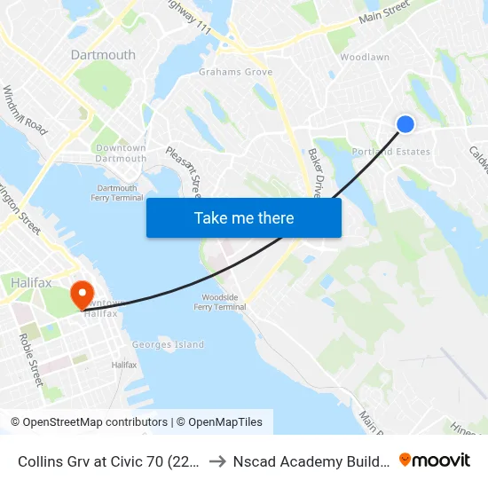 Collins Grv at Civic 70 (2256) to Nscad Academy Building map